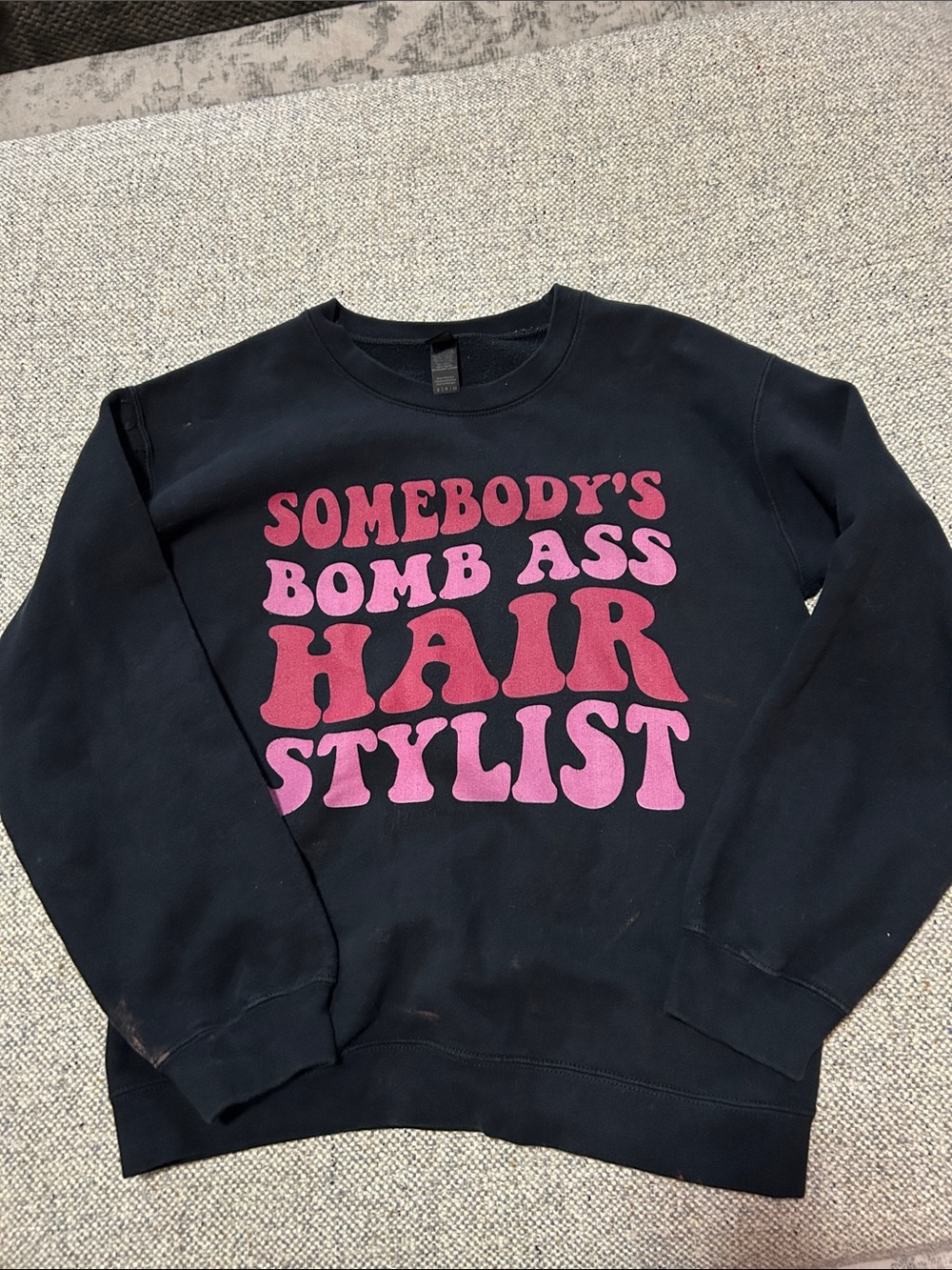 Gildan Black Crewneck Sweatshirt with Pink Graphic Text